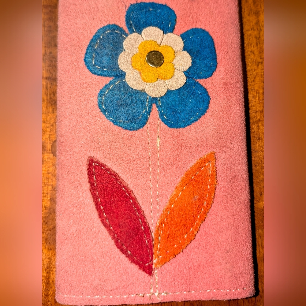 Pink & Blue Flower Leather Suede Wallet Purse